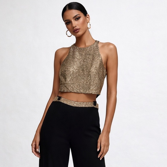 Gold Crop Halter Top & Black Wide-Leg Pants Set - Picture 10 of 13